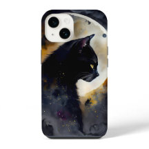 Watercolor Black Cat Eclipse Moon Artwork