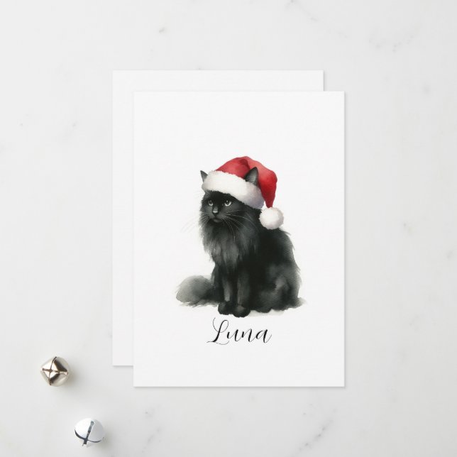 Watercolor Black Cat in Festive Santa Hat Card (Front/Back In Situ)