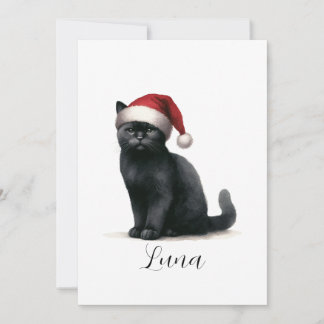 Watercolor Black Cat in Festive Santa Hat Card
