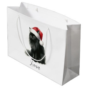 Watercolor Black Cat in Festive Santa Hat Gift Bag