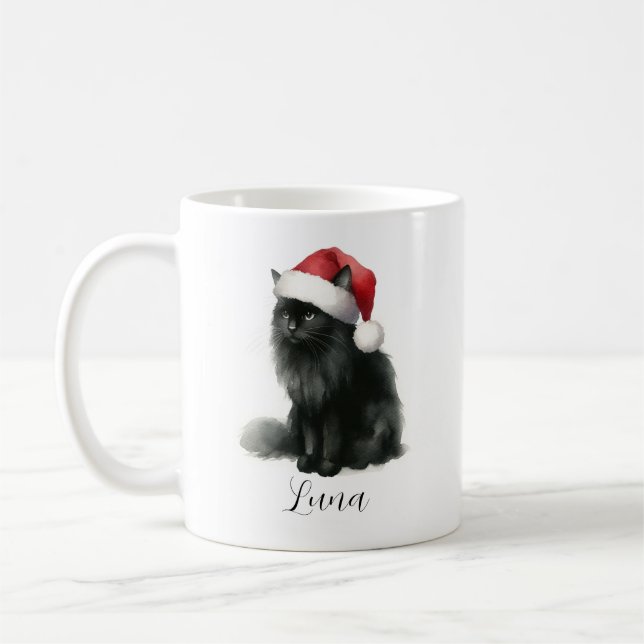 Watercolor Black Cat in Festive Santa Hat Mug (Left)
