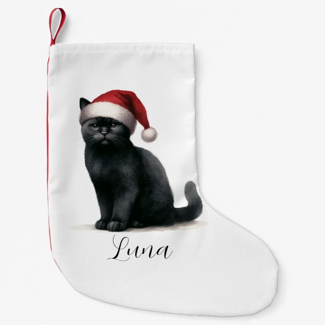 Watercolor Black Cat in Festive Santa Hat Stocking (Front)