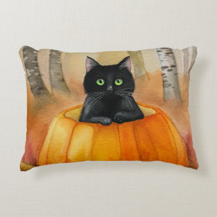 Watercolor Black Cat in Pumpkin Autumn Forest Hall Decorative Cushion