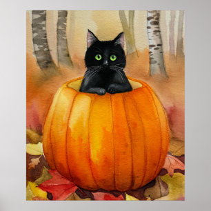 Watercolor Black Cat in Pumpkin Autumn Forest Hall Poster