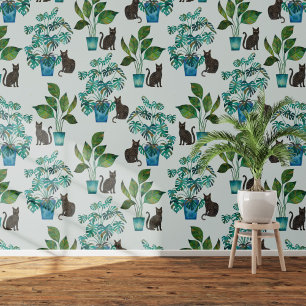 Watercolor Black Cat Monstera Houseplant Blue Wallpaper