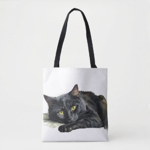 Watercolor Black Cat On White Tote Bag