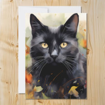 Watercolor Black Cat Portrait In Fall