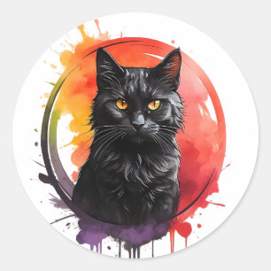 Watercolor Black Cat Splatter Art Portrait  Classic Round Sticker