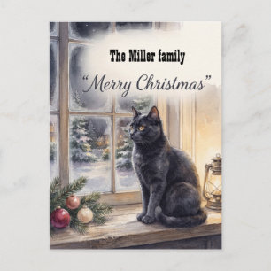 Watercolor Black Cat Winter Window Christmas Holiday Postcard