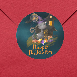Watercolor Black Cat with candies, Halloween Classic Round Sticker