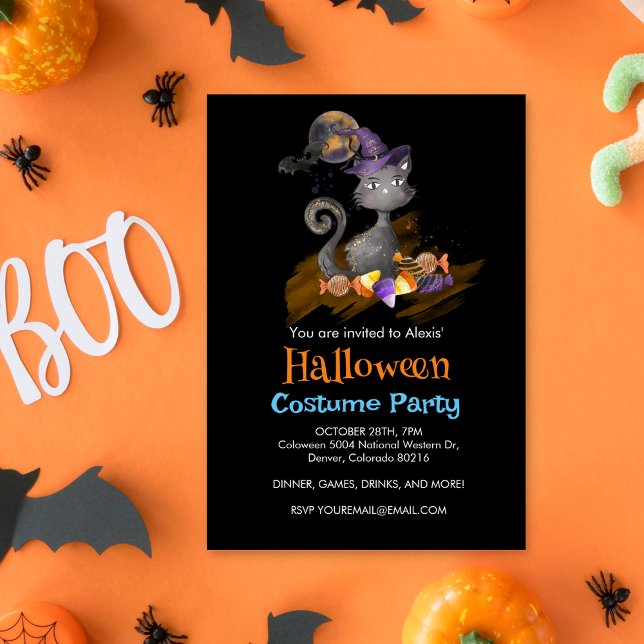 Watercolor Black Cat with candies, Halloween Invitation (Creator Uploaded)