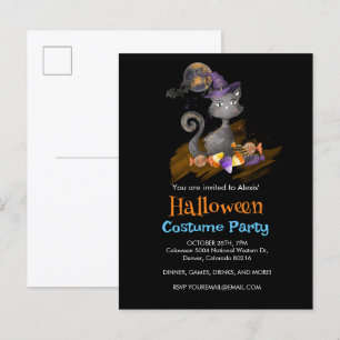 Watercolor Black Cat with candies, Halloween Invitation Postcard