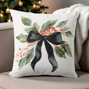 Watercolor Black Christmas Bow Geen Leaves Modern Cushion