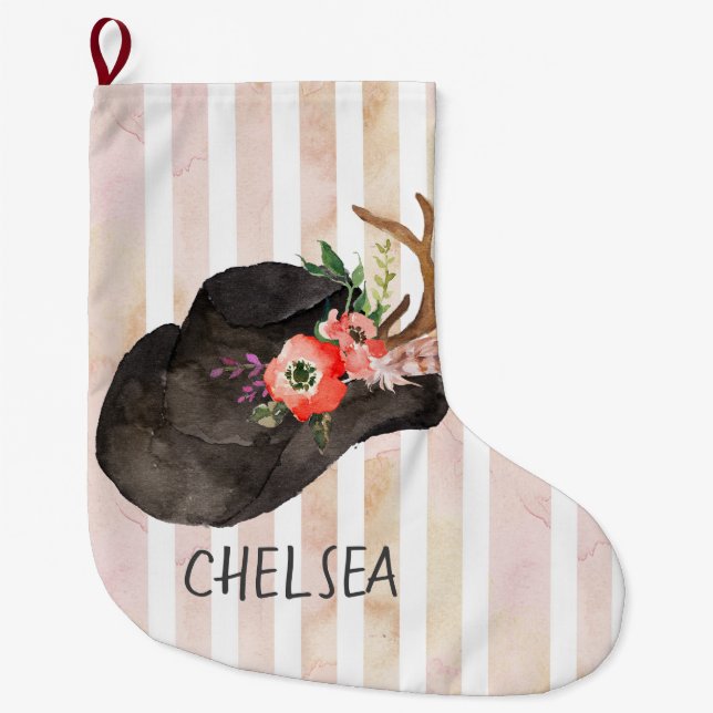 Watercolor Black Cowboy Hat  Personalised Large Christmas Stocking (Front)