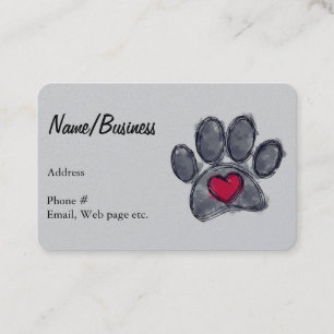 Watercolor Black Dog Paw Print Red Heart Gray Business Card