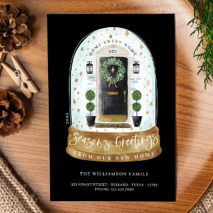 Watercolor Black Door Snow Globe New Home Photo Holiday Card