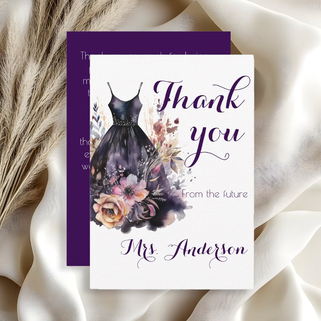 Watercolor black dress purple bridal shower thank you card (Creator Uploaded)