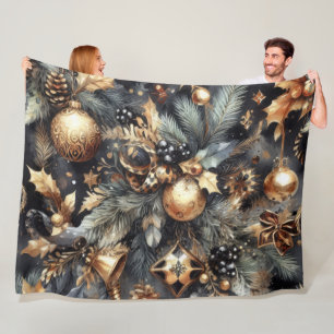 Watercolor Black Gold Christmas Motifs Holiday Fleece Blanket