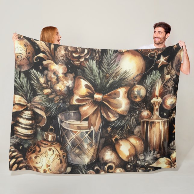 Watercolor Black Gold Christmas Motifs Holiday Fleece Blanket (In Situ)