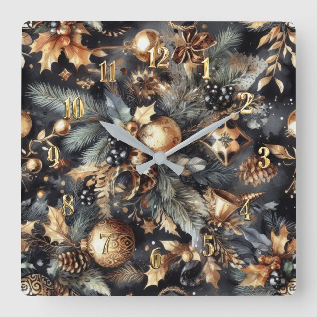 Watercolor Black Gold Christmas Motifs Holiday Square Wall Clock (Front)
