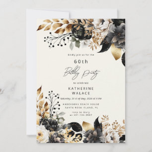 Watercolor Black Gold Floral 60th Birthday Invitation