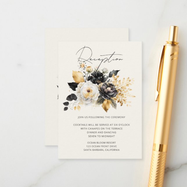 Watercolor Black Gold Floral Reception Enclosure Card (Front/Back In Situ)