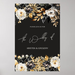 Watercolor Black Gold Floral Wedding Poster