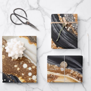 Watercolor Black & Gold Glitter Agate Alcohol Ink Wrapping Paper Sheet