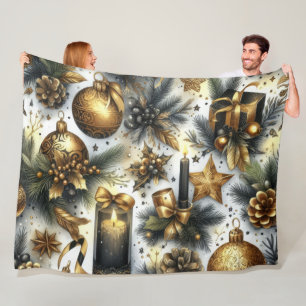 Watercolor Black Gold White Christmas Holiday Fleece Blanket