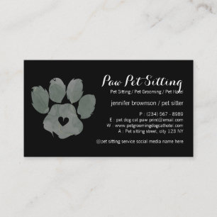 Watercolor Black Green Pet Sitter Grooming Paw Business Card