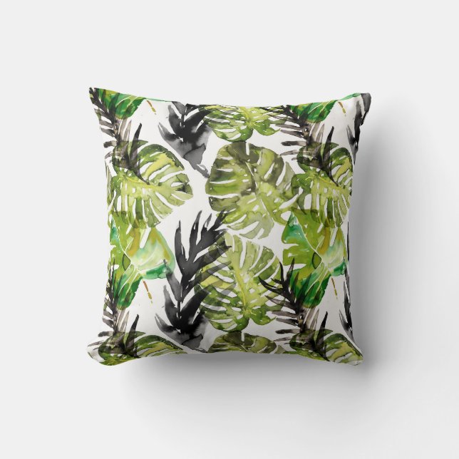 Watercolor Black Green Tropical Leaves Pattern Cushion (Front)