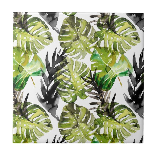 Watercolor Black Green Tropical Leaves Pattern Tile (Front)