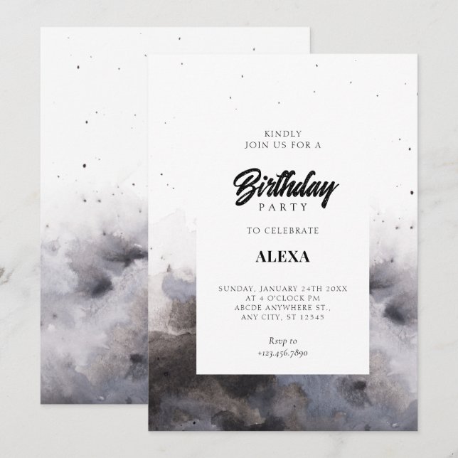 Watercolor Black grey fog birthday  Invitation (Front/Back)