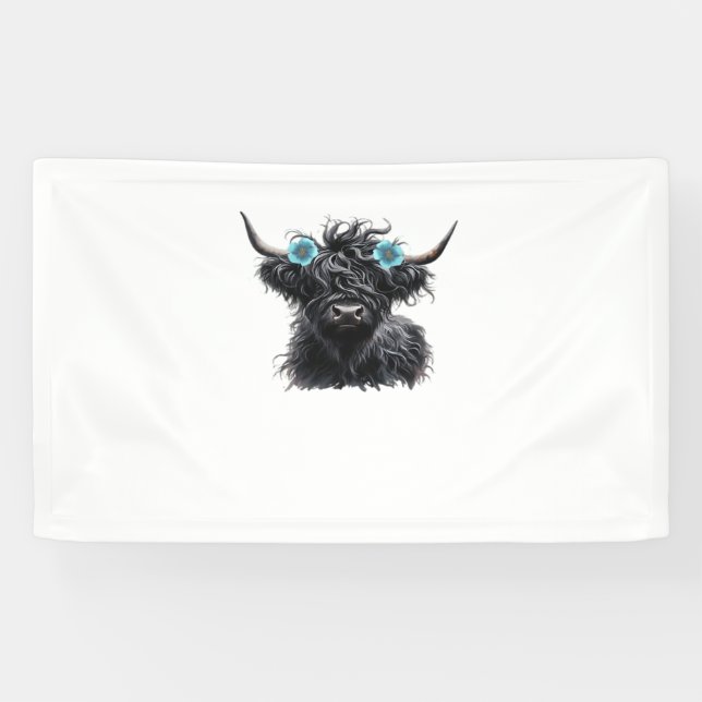 Watercolor Black Highland Cow Classic T-Shirt Banner (Horizontal)