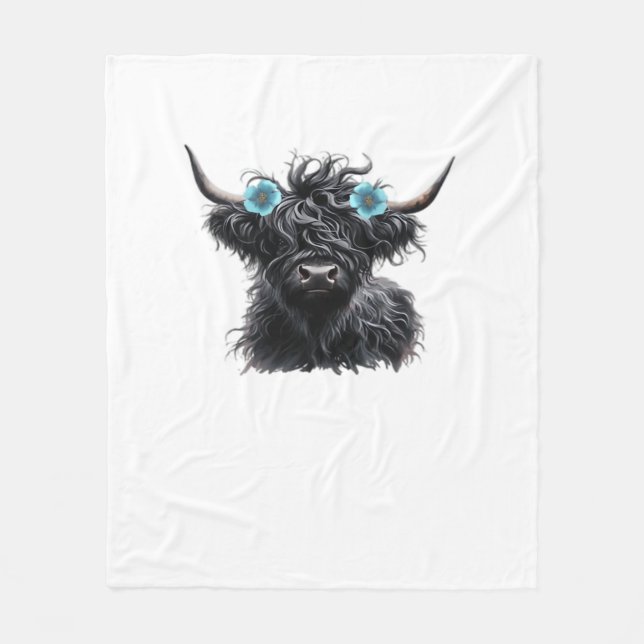 Watercolor Black Highland Cow Classic T-Shirt Fleece Blanket (Front)