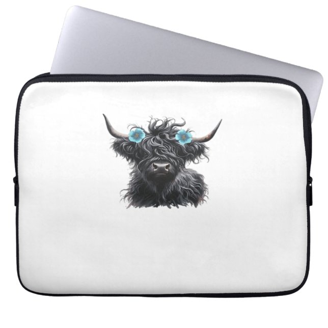 Watercolor Black Highland Cow Classic T-Shirt Laptop Sleeve (Front)