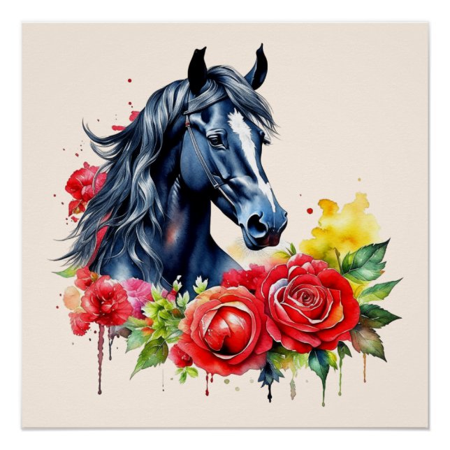 Watercolor Black Horse Red Roses Poster (Front)