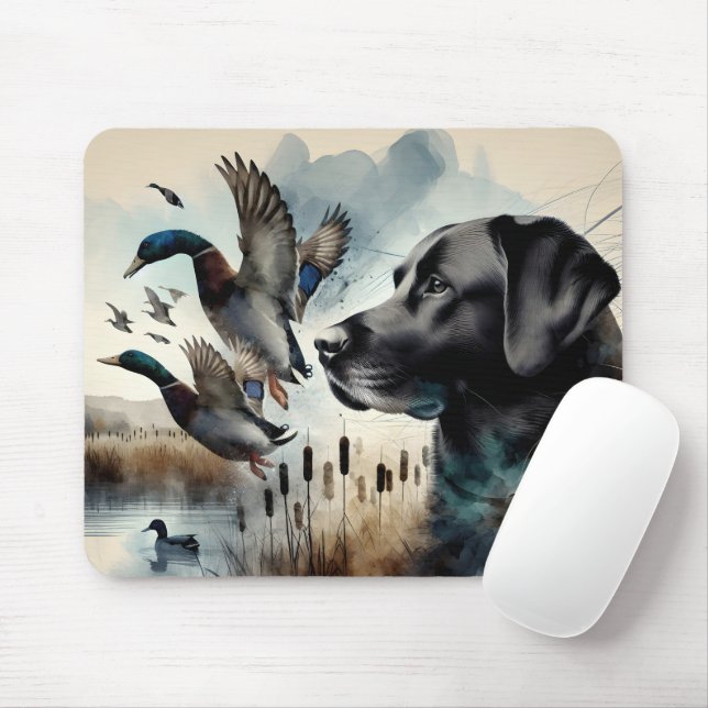 Watercolor Black Labrador And Ducks Mouse Mat (With Mouse)