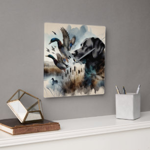 Watercolor Black Labrador And Ducks Square Wall Clock