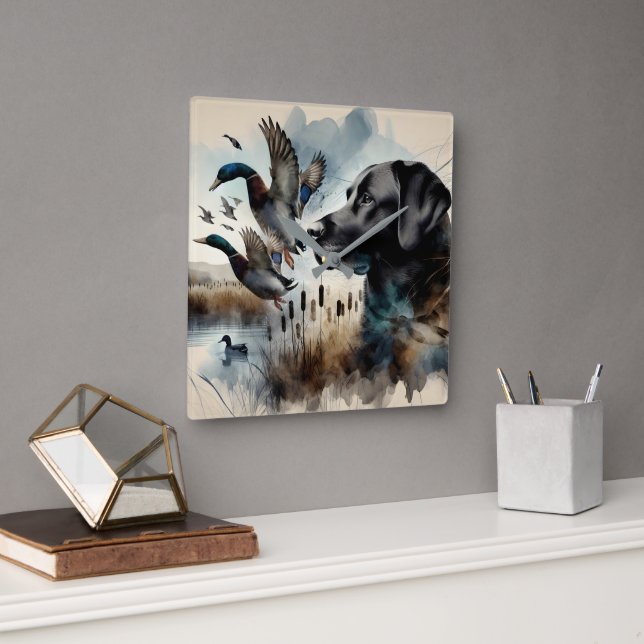 Watercolor Black Labrador And Ducks Square Wall Clock (Office)