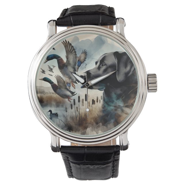 Watercolor Black Labrador And Ducks Watch (Front)