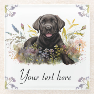 Watercolor Black Labrador and Summer Flowers Glass Coaster