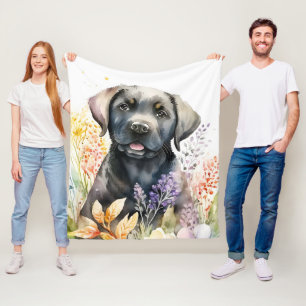Watercolor Black Labrador Retriever and Flowers Fleece Blanket