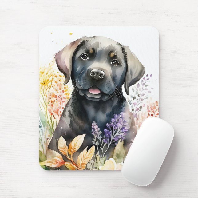 Watercolor Black Labrador Retriever and Flowers Mouse Mat (With Mouse)
