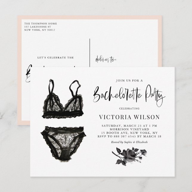 Watercolor Black Lace Lingerie Bachelorette Party Invitation Postcard (Front/Back)