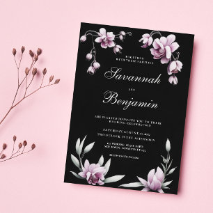 Watercolor black lilac pink orchid floral wedding  invitation