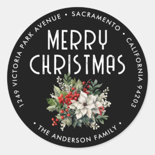 Watercolor Black Merry Christmas Return Address Classic Round Sticker