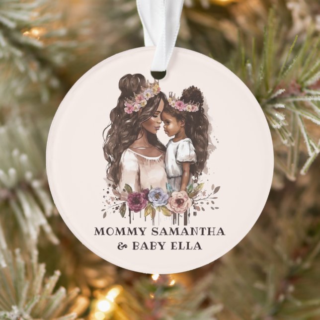 Watercolor Black Mum and Daughter (1) Ornament (Tree)