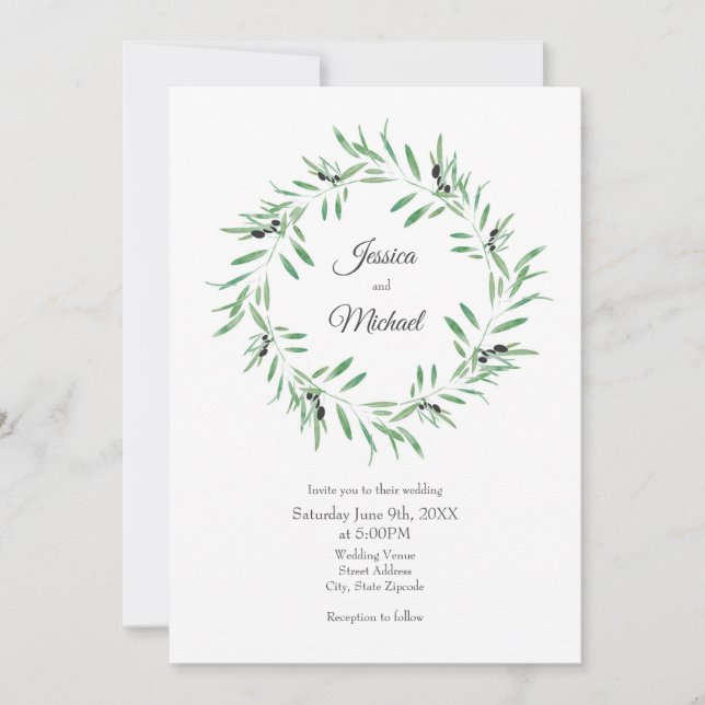 Watercolor Black Olive Wreath Invitation (Front)