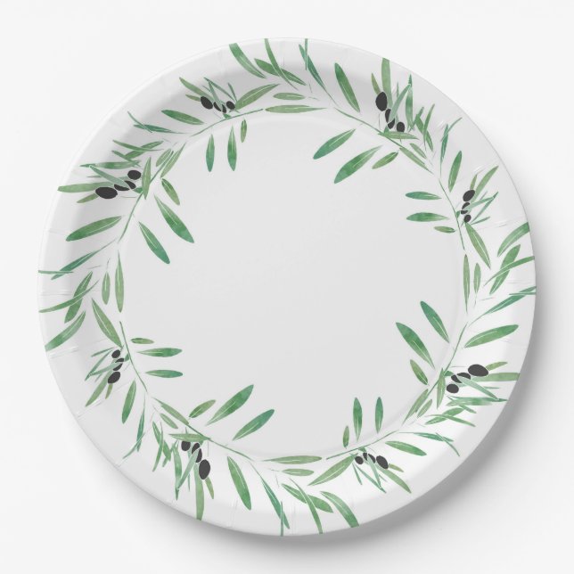 Watercolor Black Olive Wreath Paper Plate (Front)